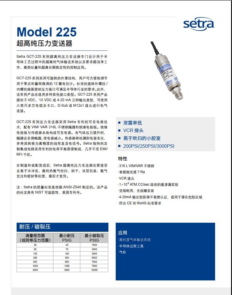美國(guó)西特setra 225   高純壓力變送器
